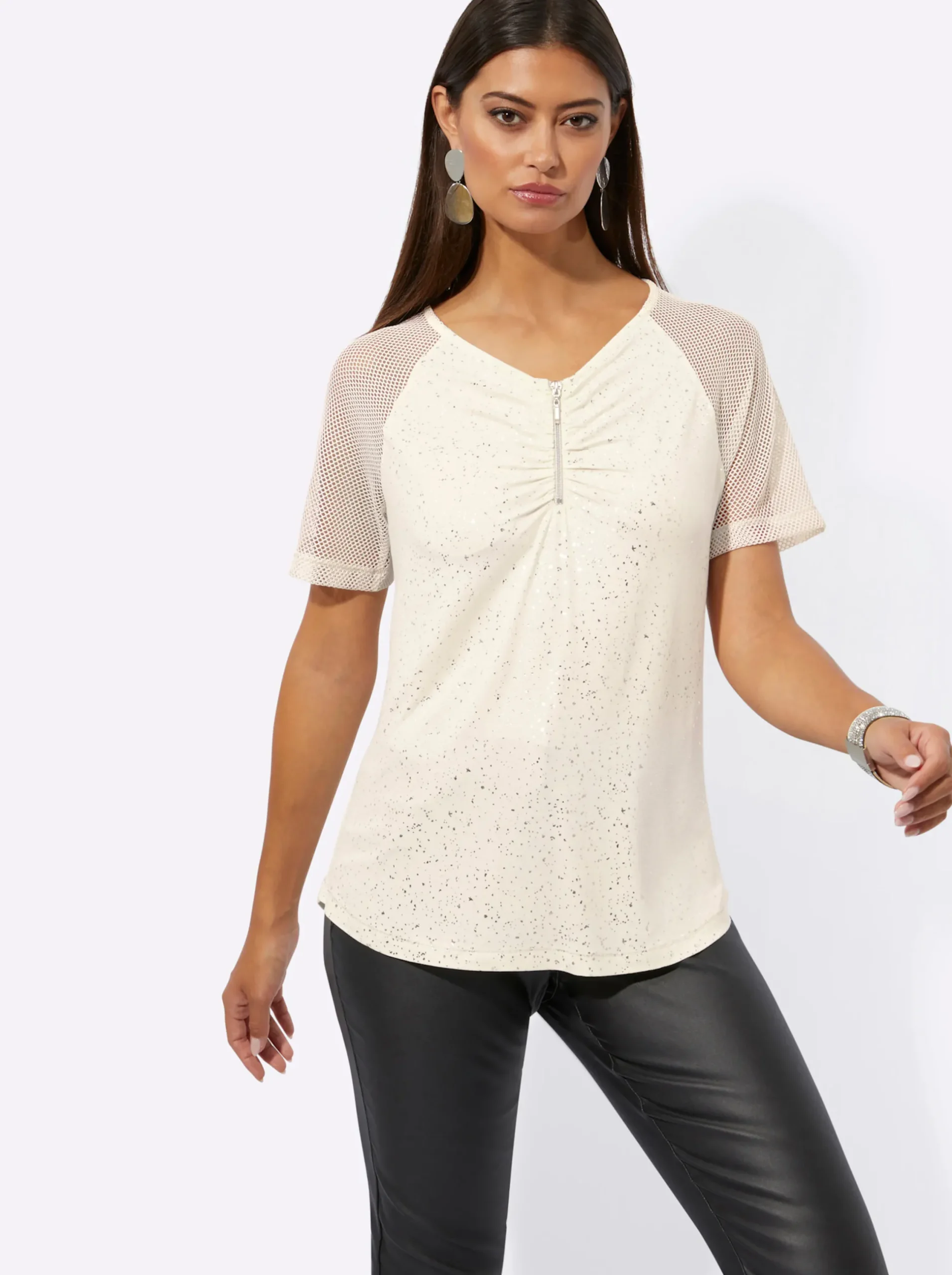 Shirts| Kurzarmshirt mit glänzendem Folienprint champagner-silberfarben-bedruckt