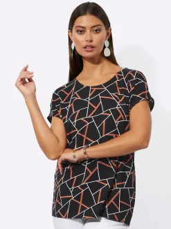 Shirts| Kurzarmshirt mit grafischem Dessin schwarz-papaya