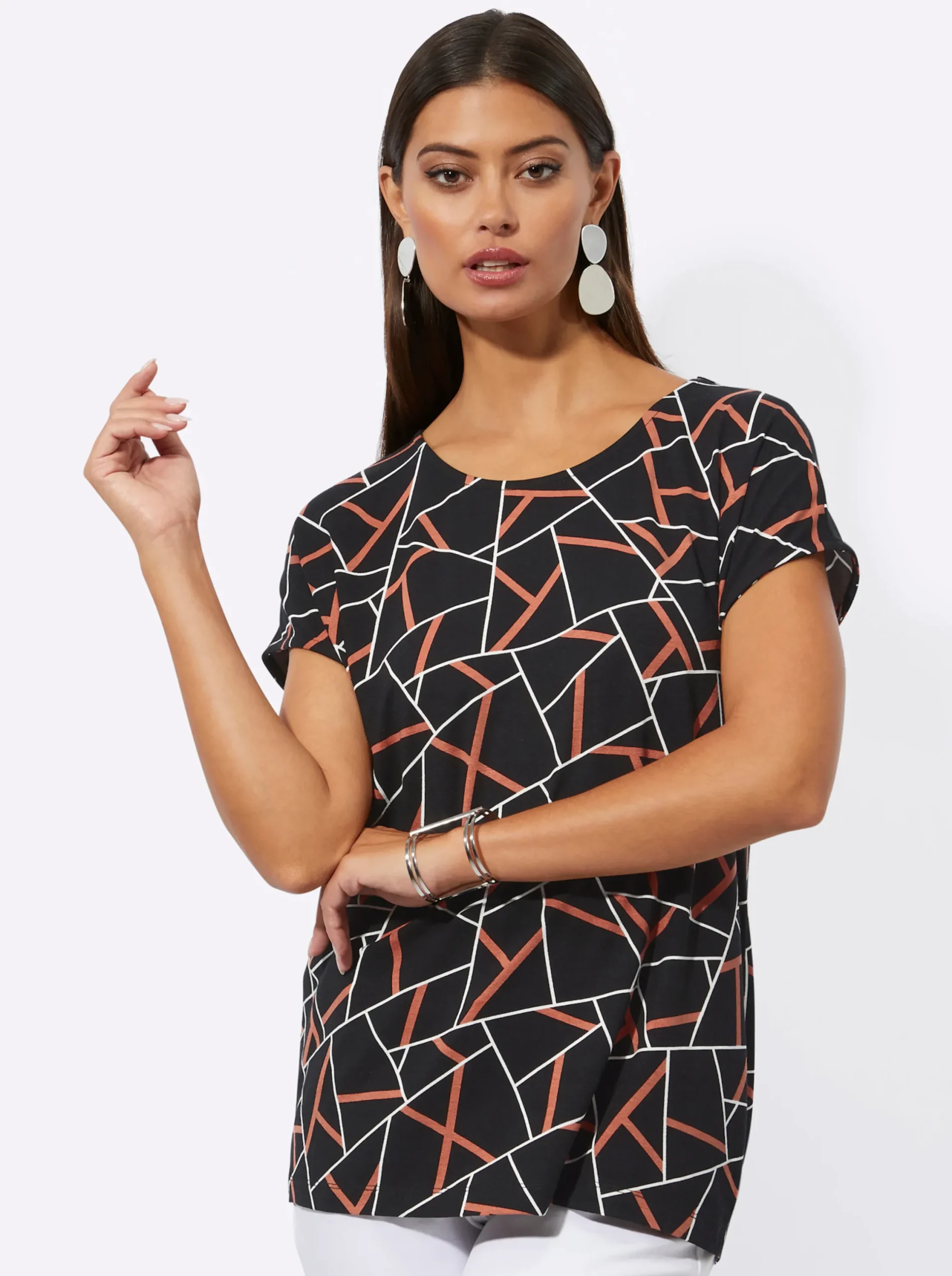 Shirts| Kurzarmshirt mit grafischem Dessin schwarz-papaya