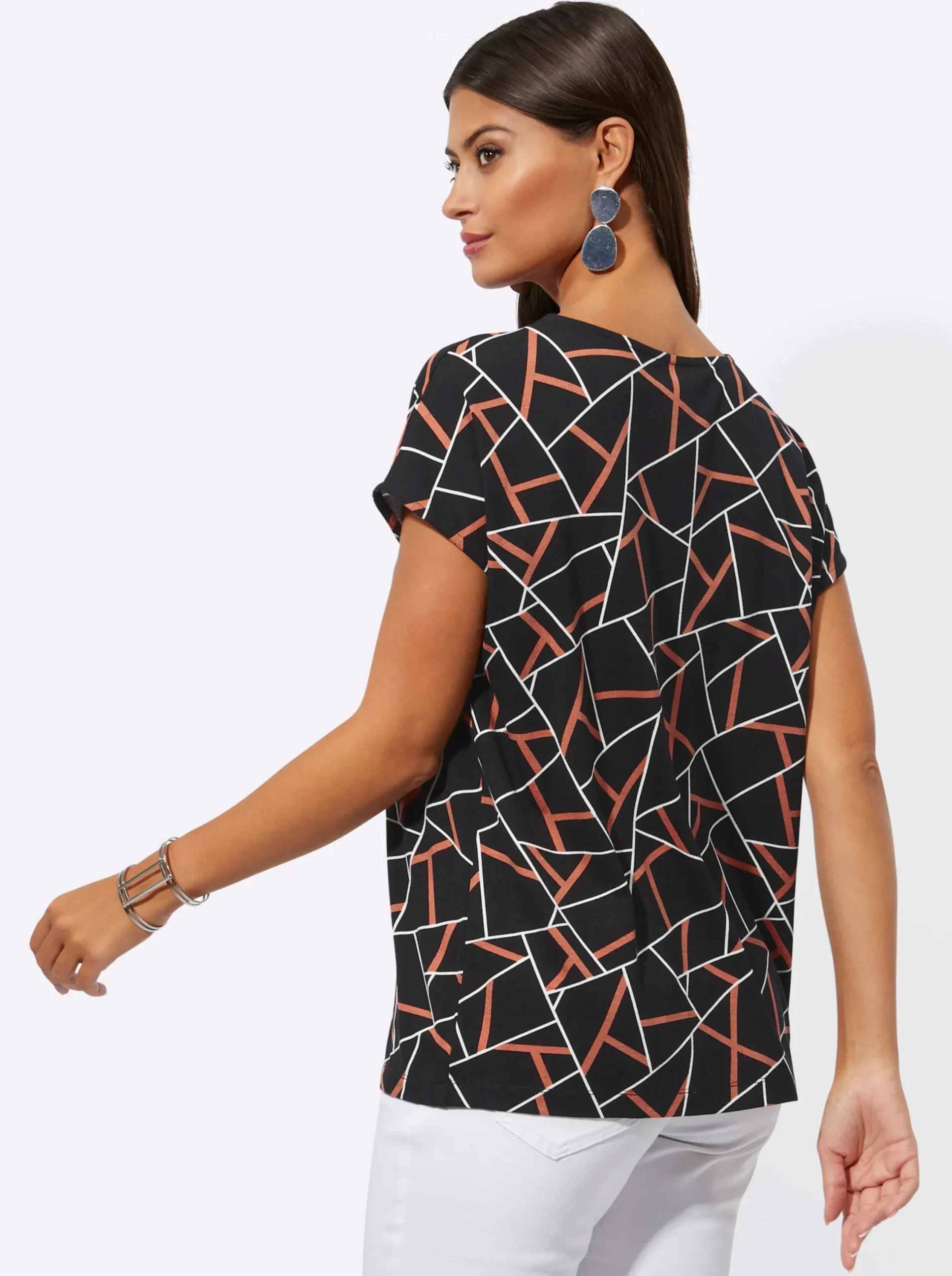 Shirts| Kurzarmshirt mit grafischem Dessin schwarz-papaya