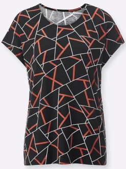 Shirts| Kurzarmshirt mit grafischem Dessin schwarz-papaya