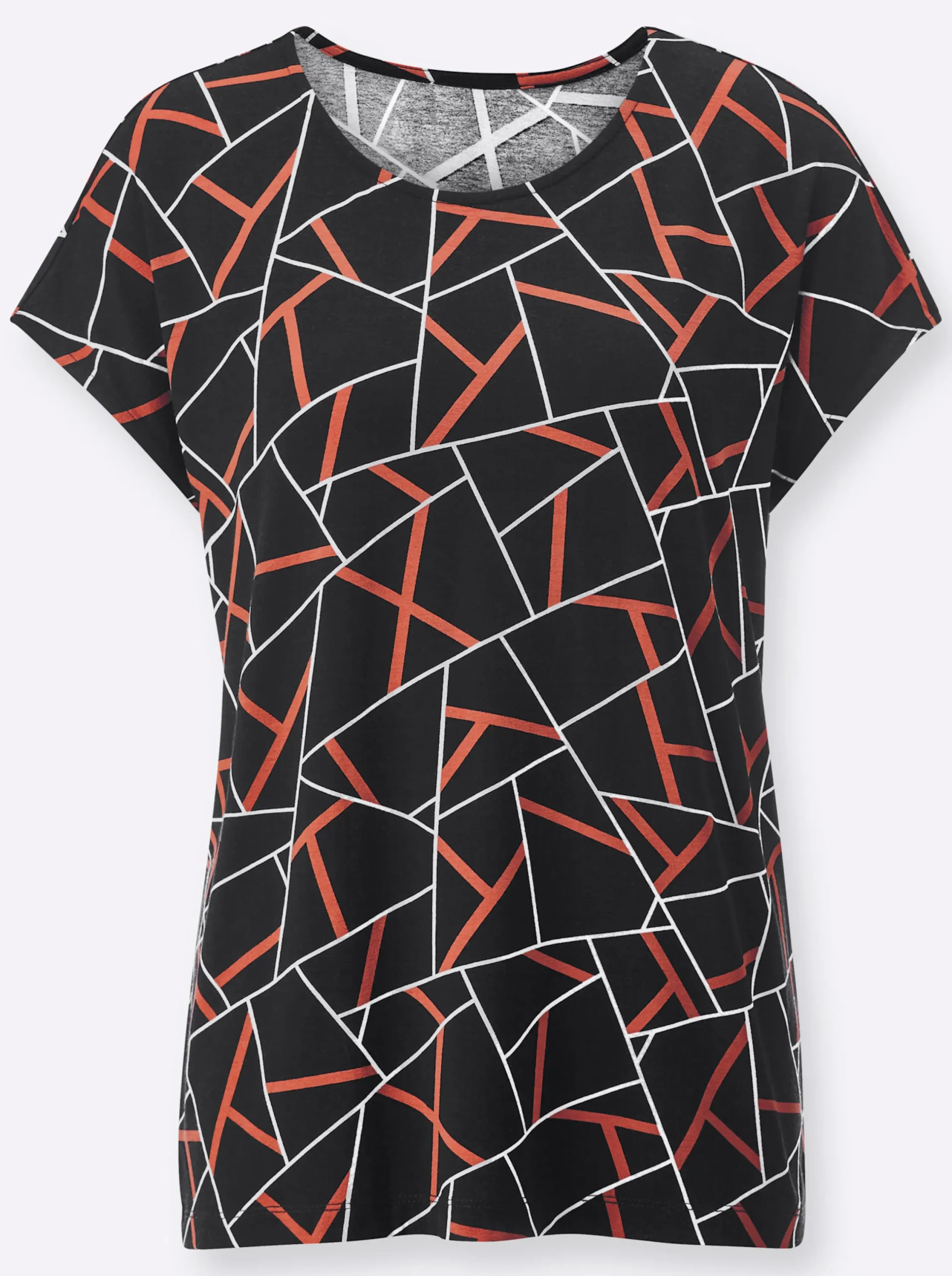 Shirts| Kurzarmshirt mit grafischem Dessin schwarz-papaya