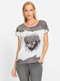 Strandmode|Blusen|heine Kurzarmshirt mit Herz-Motiv grau