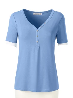 Shirts| Kurzarmshirt mit Knöpfchen am Herz-Ausschnitt bleu