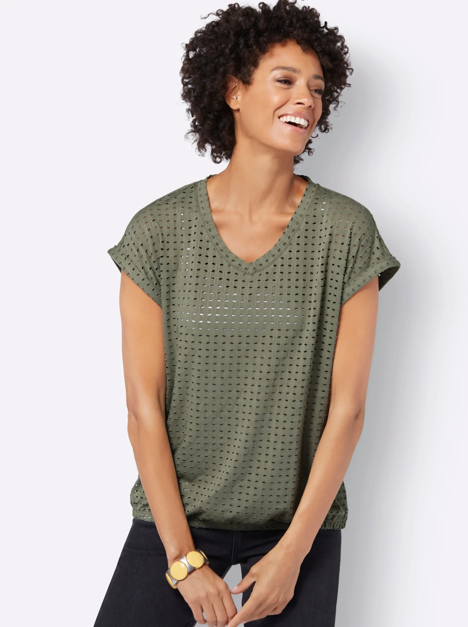 Shirts| Kurzarmshirt mit Lochmuster khaki