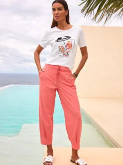 Shirts|heine Kurzarmshirt mit Pailletten und Glitzersteinen weiß-koralle-bedruckt