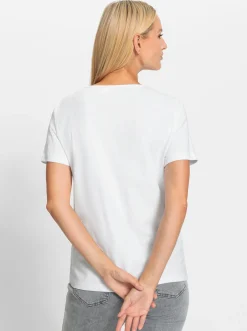 Shirts|heine Kurzarmshirt mit Pailletten und Glitzersteinen weiß-koralle-bedruckt