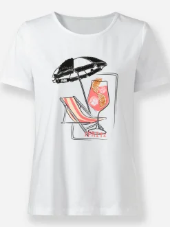 Shirts|heine Kurzarmshirt mit Pailletten und Glitzersteinen weiß-koralle-bedruckt