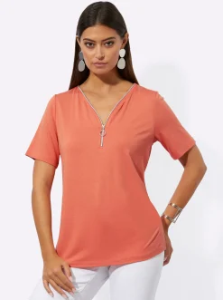 Shirts| Kurzarmshirt mit Reißverschluss am V-Ausschnitt papaya