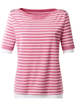 Shirts| Kurzarmshirt mit silberfarbigen Metallknöpfen rosé-weiß