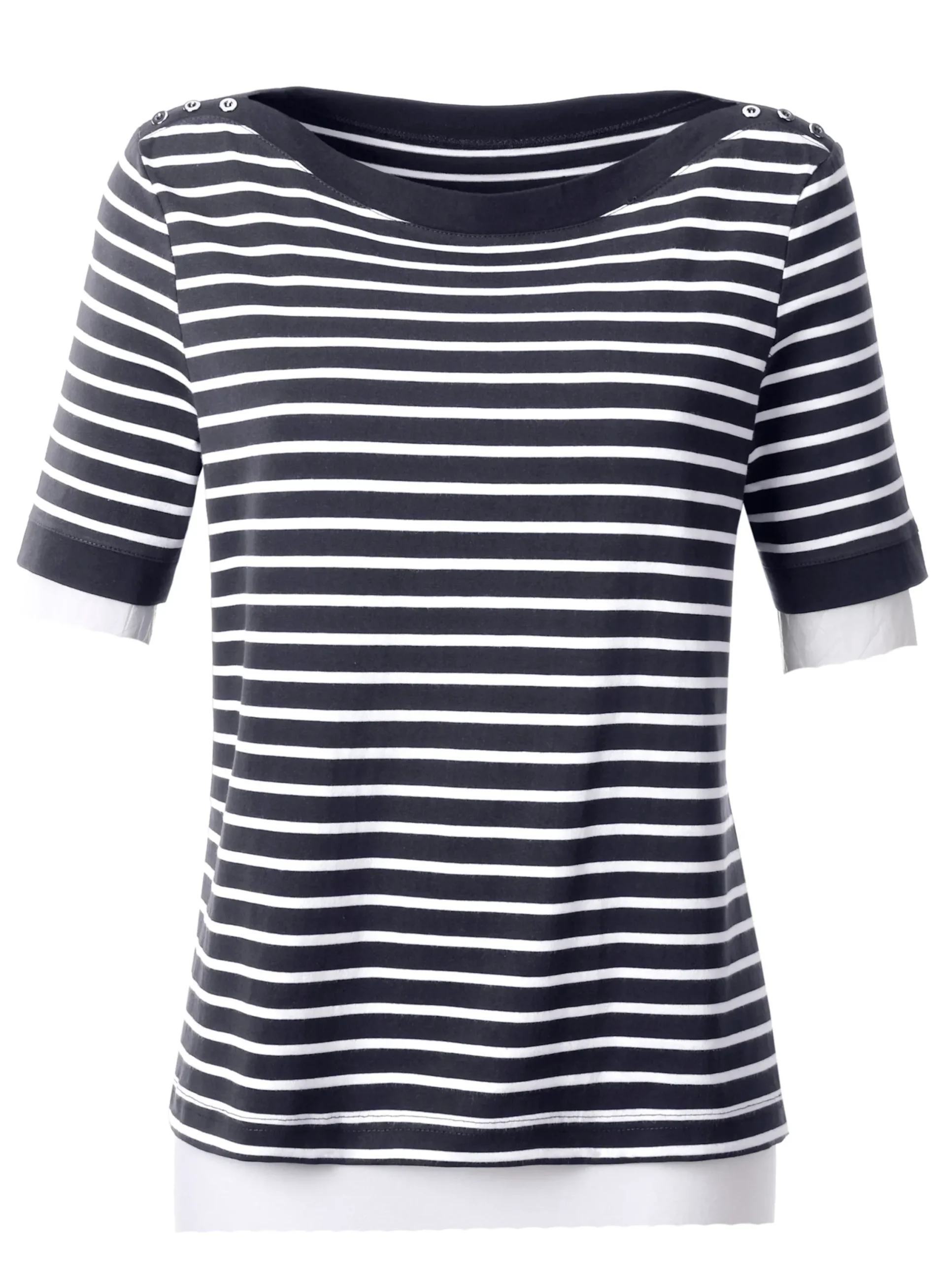 Shirts| Kurzarmshirt mit silberfarbigen Metallknöpfen marine-weiß