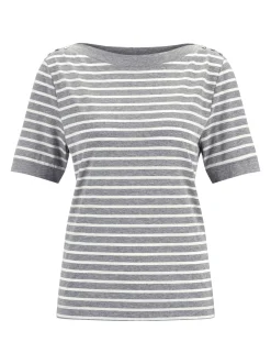 Strandmode|Shirts| Kurzarmshirt mit silberfarbigen Metallknöpfen grau-weiß