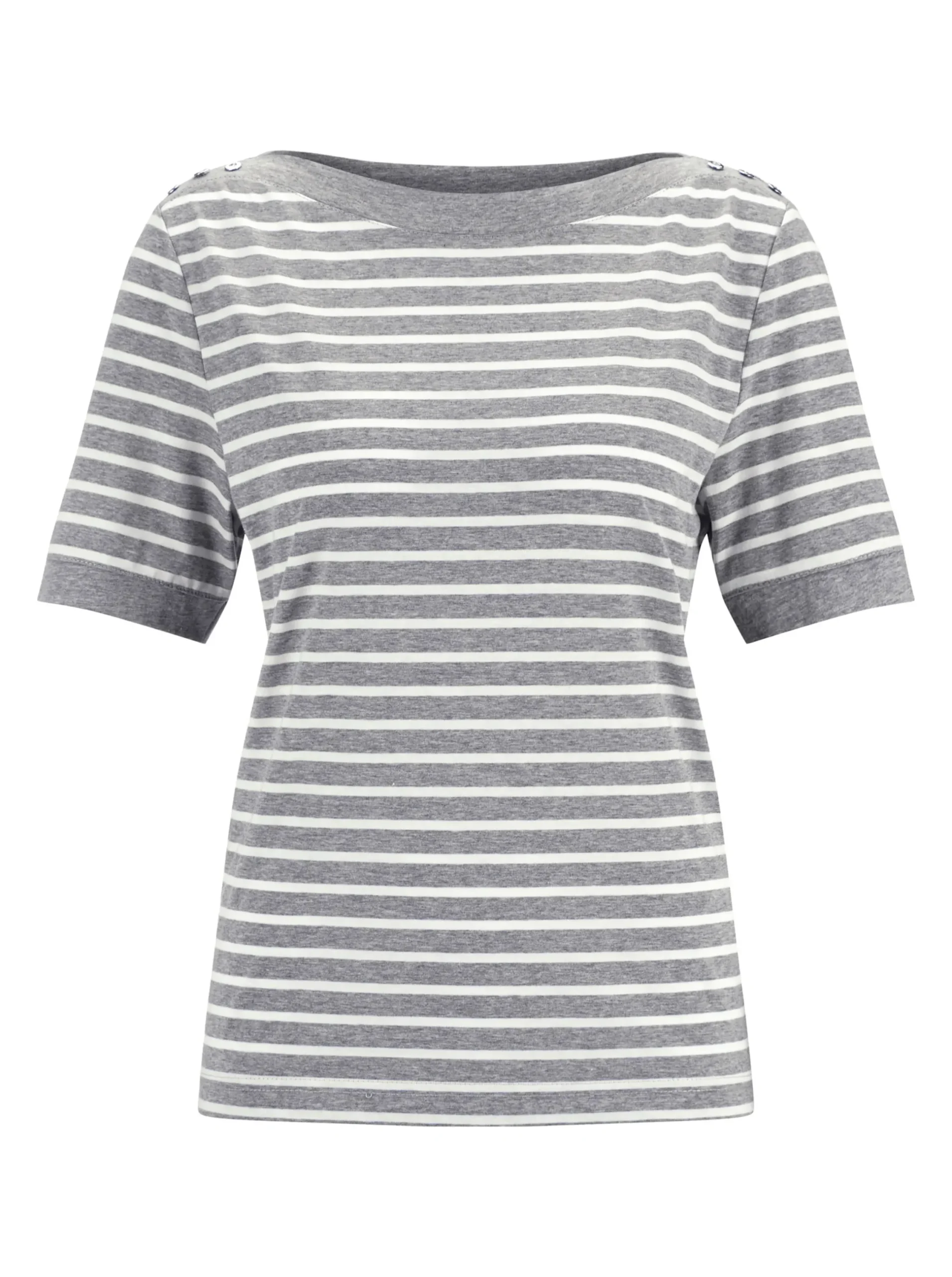 Strandmode|Shirts| Kurzarmshirt mit silberfarbigen Metallknöpfen grau-weiß