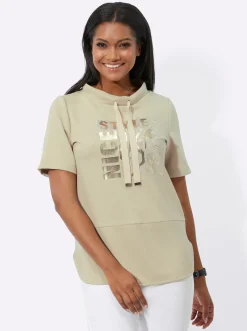 Shirts| Kurzarmshirt mit Stehkragen sand