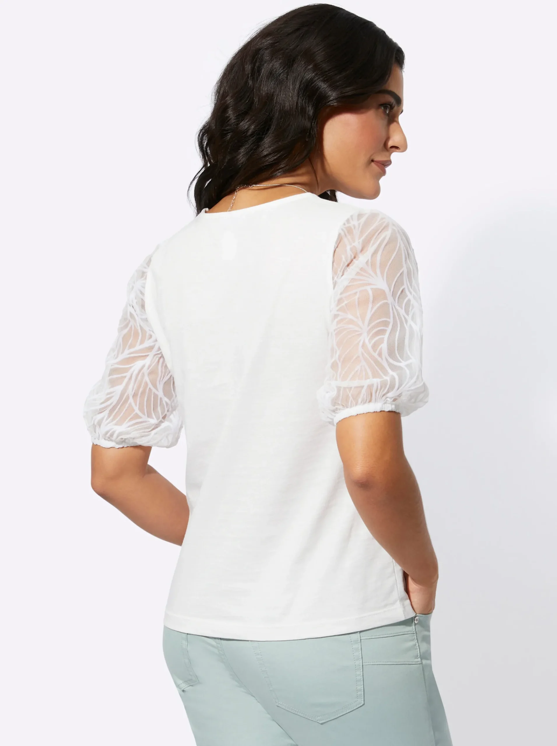 Shirts| Kurzarmshirt mit transparenten Puffärmeln ecru