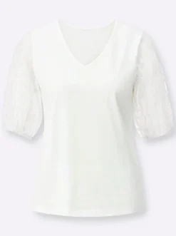 Shirts| Kurzarmshirt mit transparenten Puffärmeln ecru