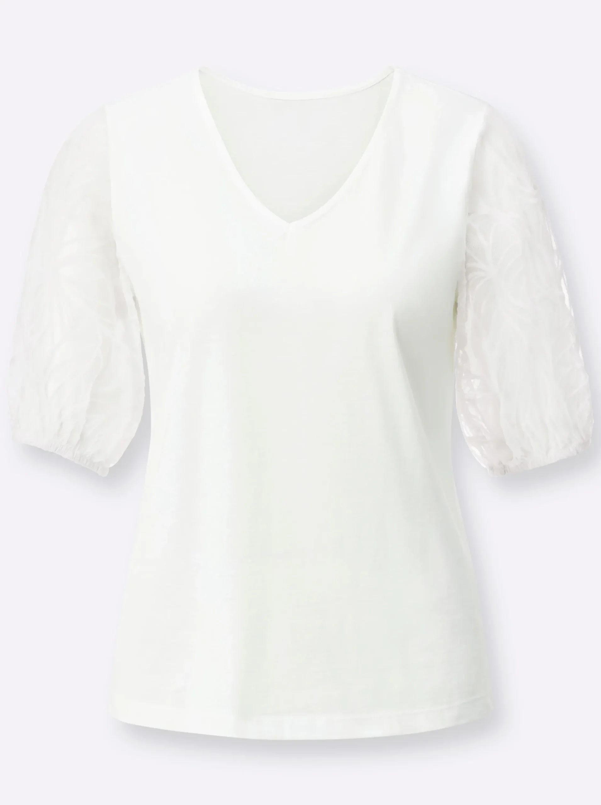 Shirts| Kurzarmshirt mit transparenten Puffärmeln ecru