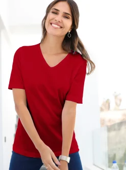 Basics|Shirts| Kurzarmshirt mit V-Ausschnitt rot