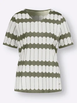 Shirts| Kurzarmshirt mit V-Ausschnitt khaki-ecru-bedruckt