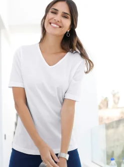 Basics| Kurzarmshirt mit V-Ausschnitt weiß
