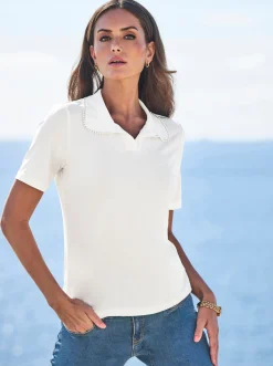 Shirts|heine Kurzarmshirt mit Zierperlen am Polokragen ecru