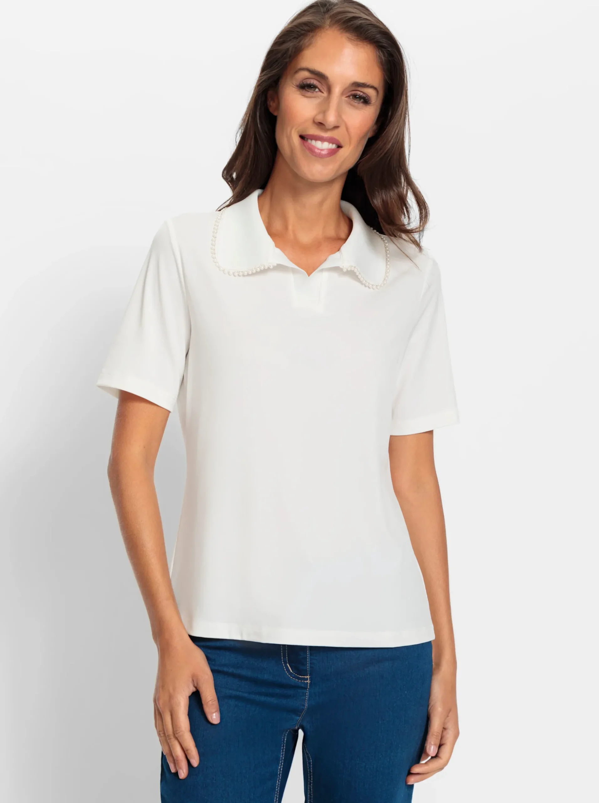 Shirts|heine Kurzarmshirt mit Zierperlen am Polokragen ecru