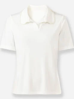 Shirts|heine Kurzarmshirt mit Zierperlen am Polokragen ecru