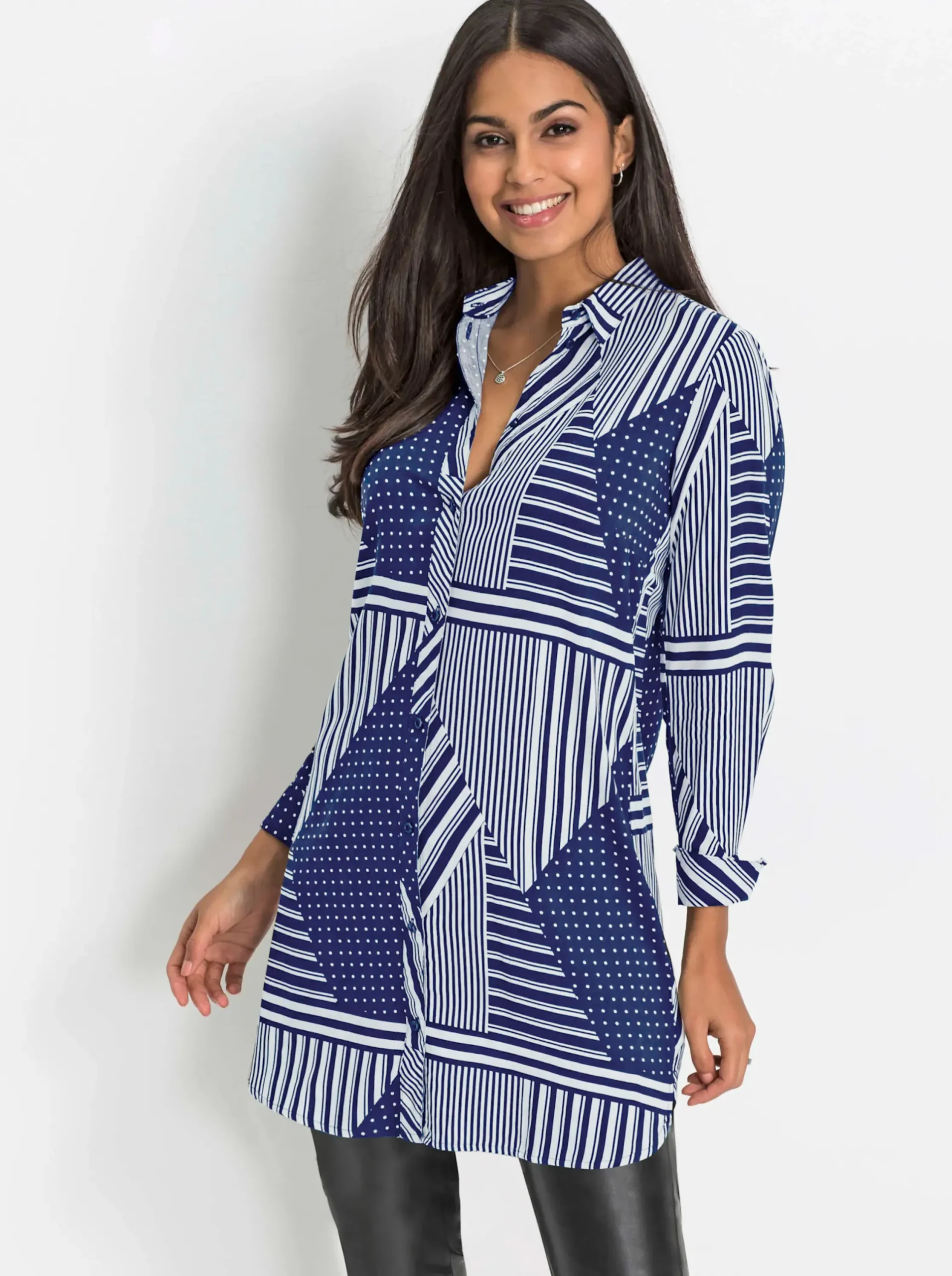 Blusen| Langarm-Bluse weiß-royalblau-gemustert