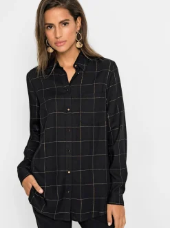 Blusen| Langarm-Bluse schwarz-goldfarben-kariert