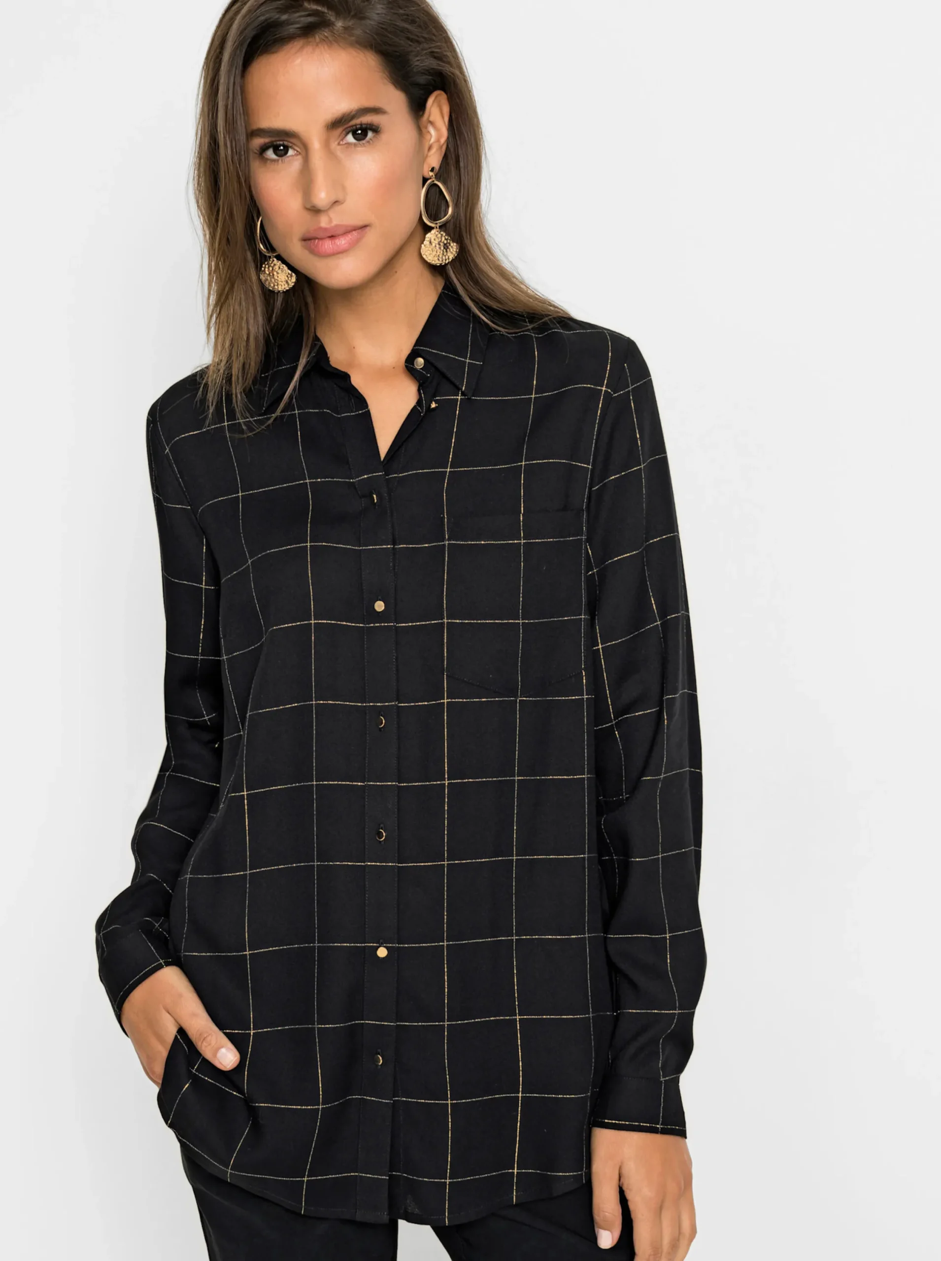 Blusen| Langarm-Bluse schwarz-goldfarben-kariert