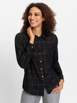 Blusen| Langarm-Bluse schwarz-goldfarben-kariert