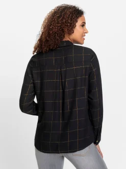Blusen| Langarm-Bluse schwarz-goldfarben-kariert