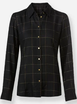 Blusen| Langarm-Bluse schwarz-goldfarben-kariert