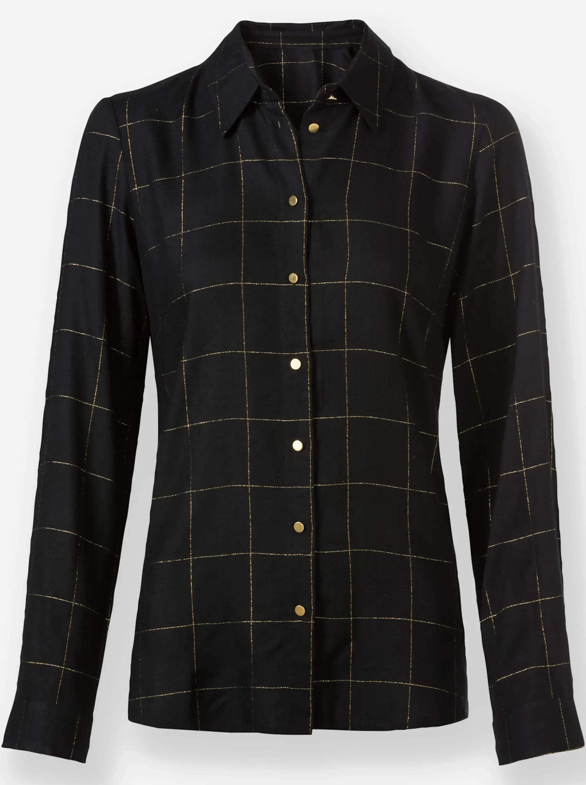 Blusen| Langarm-Bluse schwarz-goldfarben-kariert