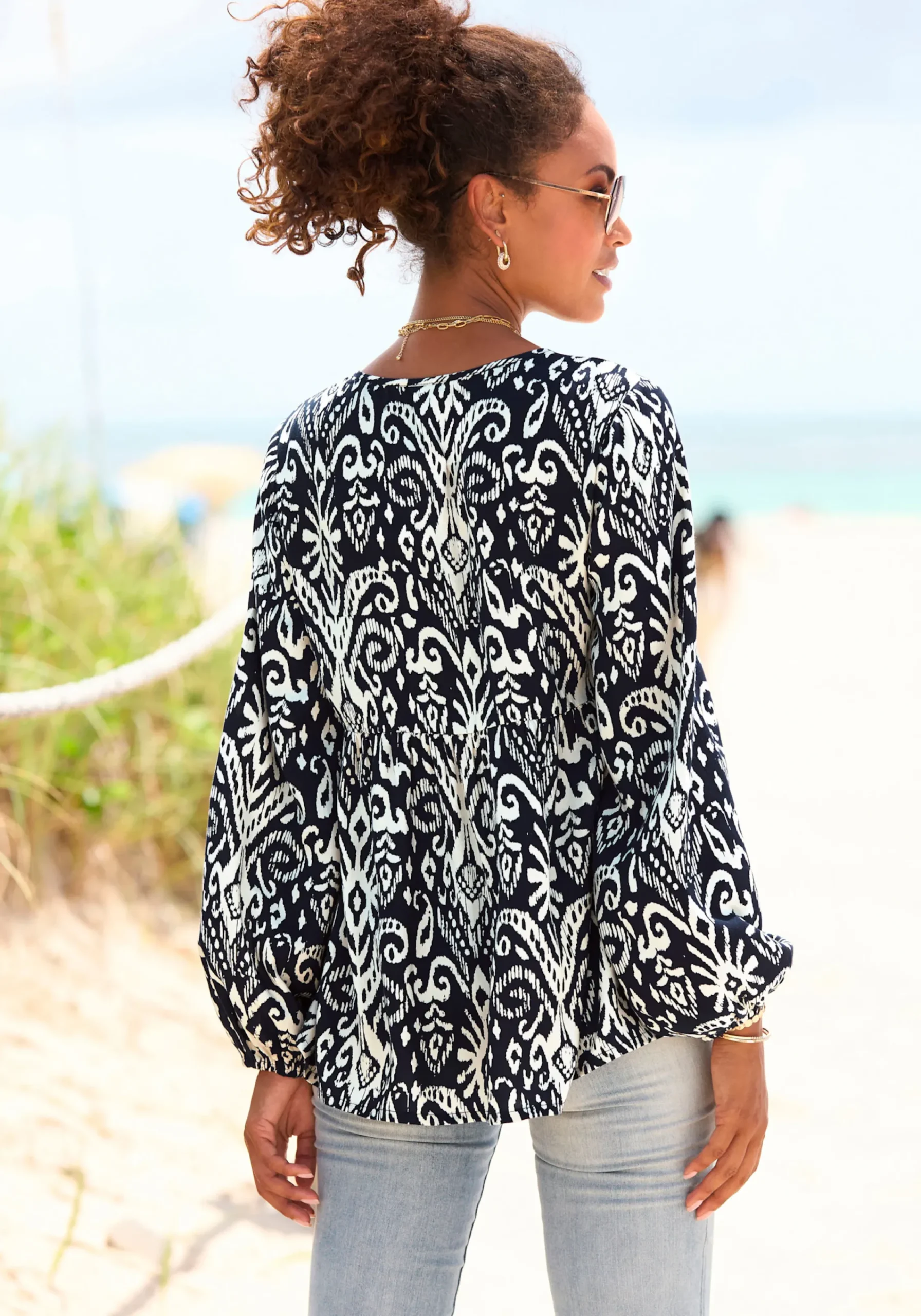 Strandmode|Vivance Langarmbluse marine-beigebedruckt