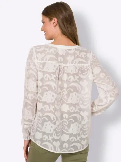 Strandmode|heine Langarmbluse in transparentem Jacquard champagner