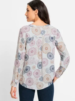Blusen| Langarmbluse mit Krempelfunktion ecru-mauve-bedruckt