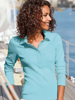 Shirts| Langarm-Poloshirt in reiner Baumwoll-Qualität türkis