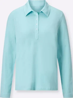 Shirts| Langarm-Poloshirt in reiner Baumwoll-Qualität türkis