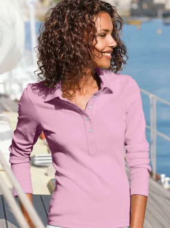 Shirts| Langarm-Poloshirt in reiner Baumwoll-Qualität rosé