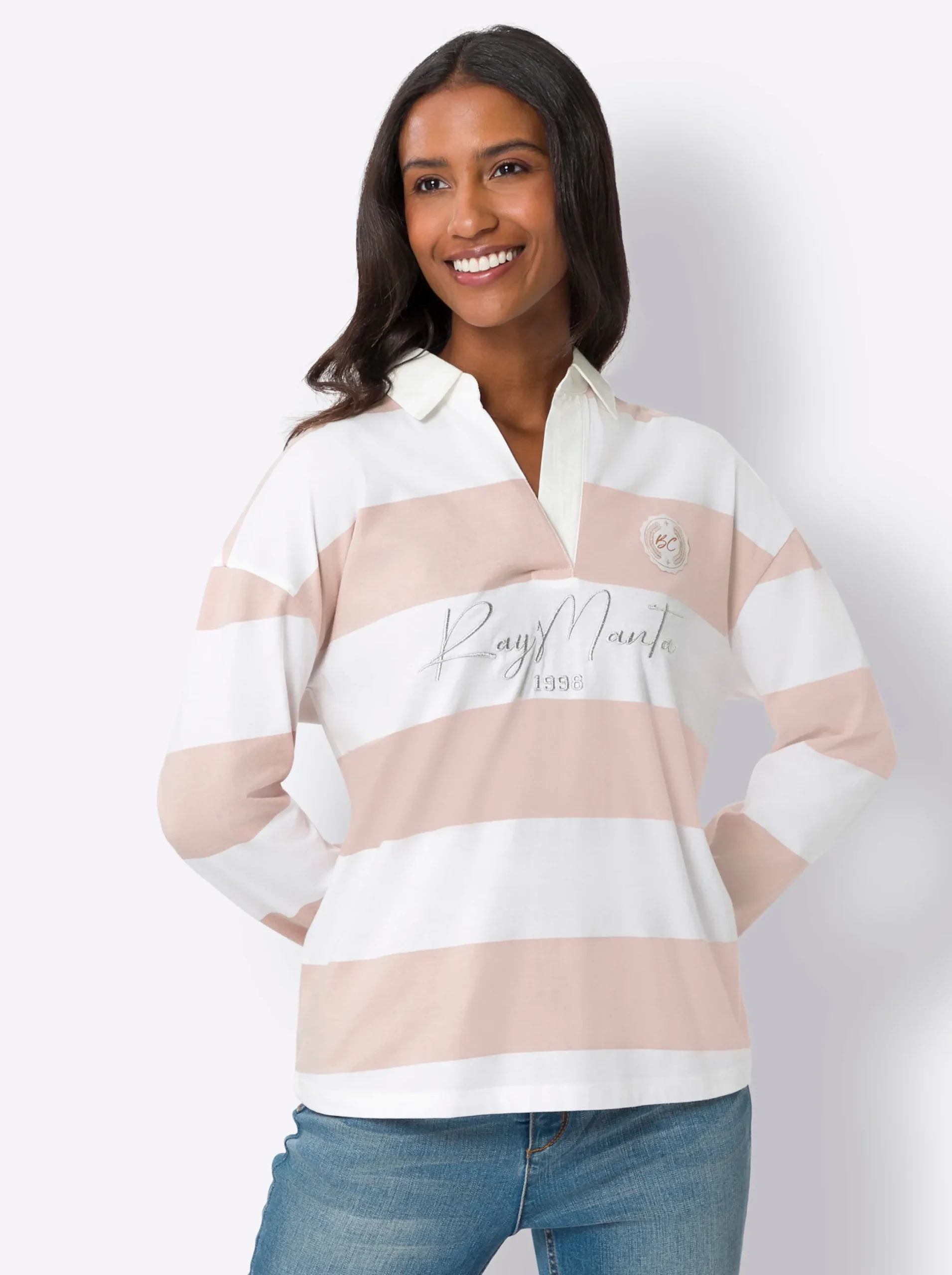 Shirts|heine Langarm-Poloshirt mit Streifen puder-ecru-bedruckt