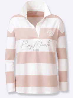 Shirts|heine Langarm-Poloshirt mit Streifen puder-ecru-bedruckt