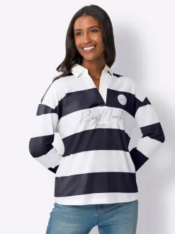Shirts|heine Langarm-Poloshirt mit Streifen marine-ecru-bedruckt