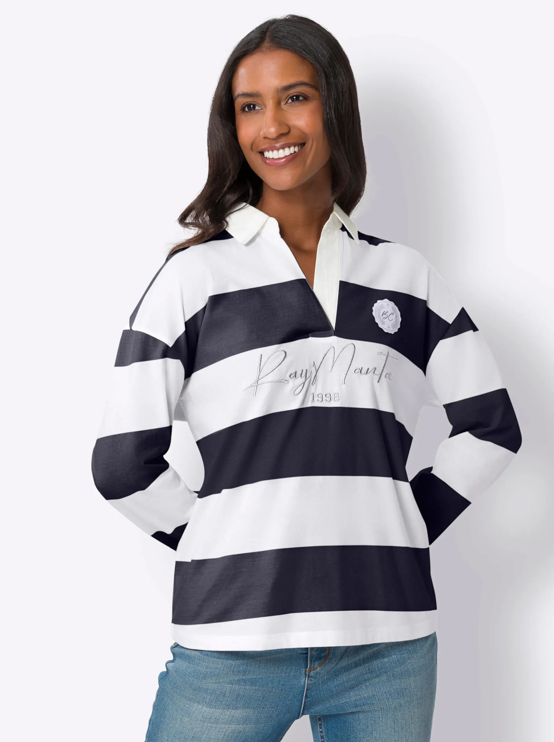 Shirts|heine Langarm-Poloshirt mit Streifen marine-ecru-bedruckt