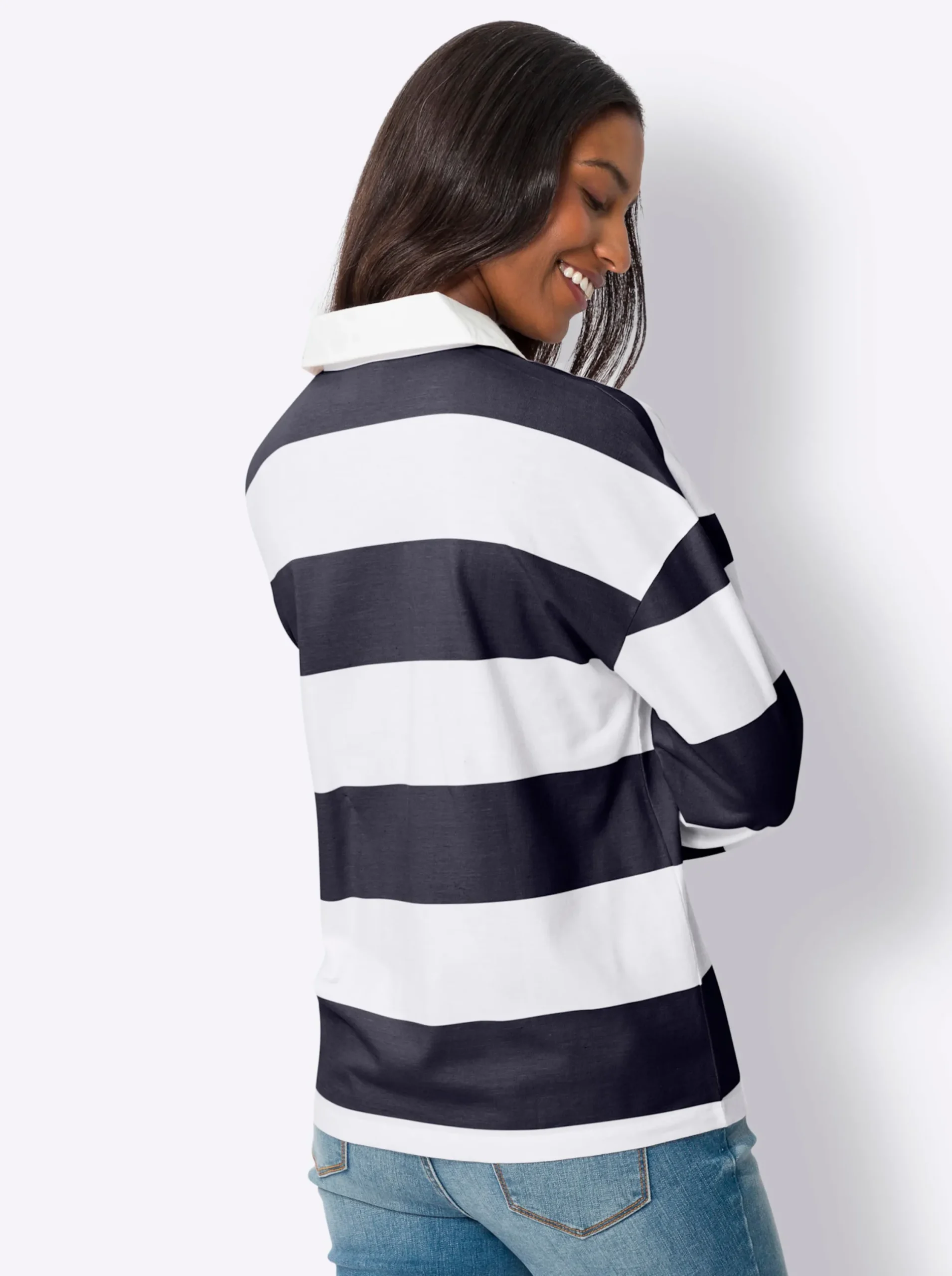 Shirts|heine Langarm-Poloshirt mit Streifen marine-ecru-bedruckt