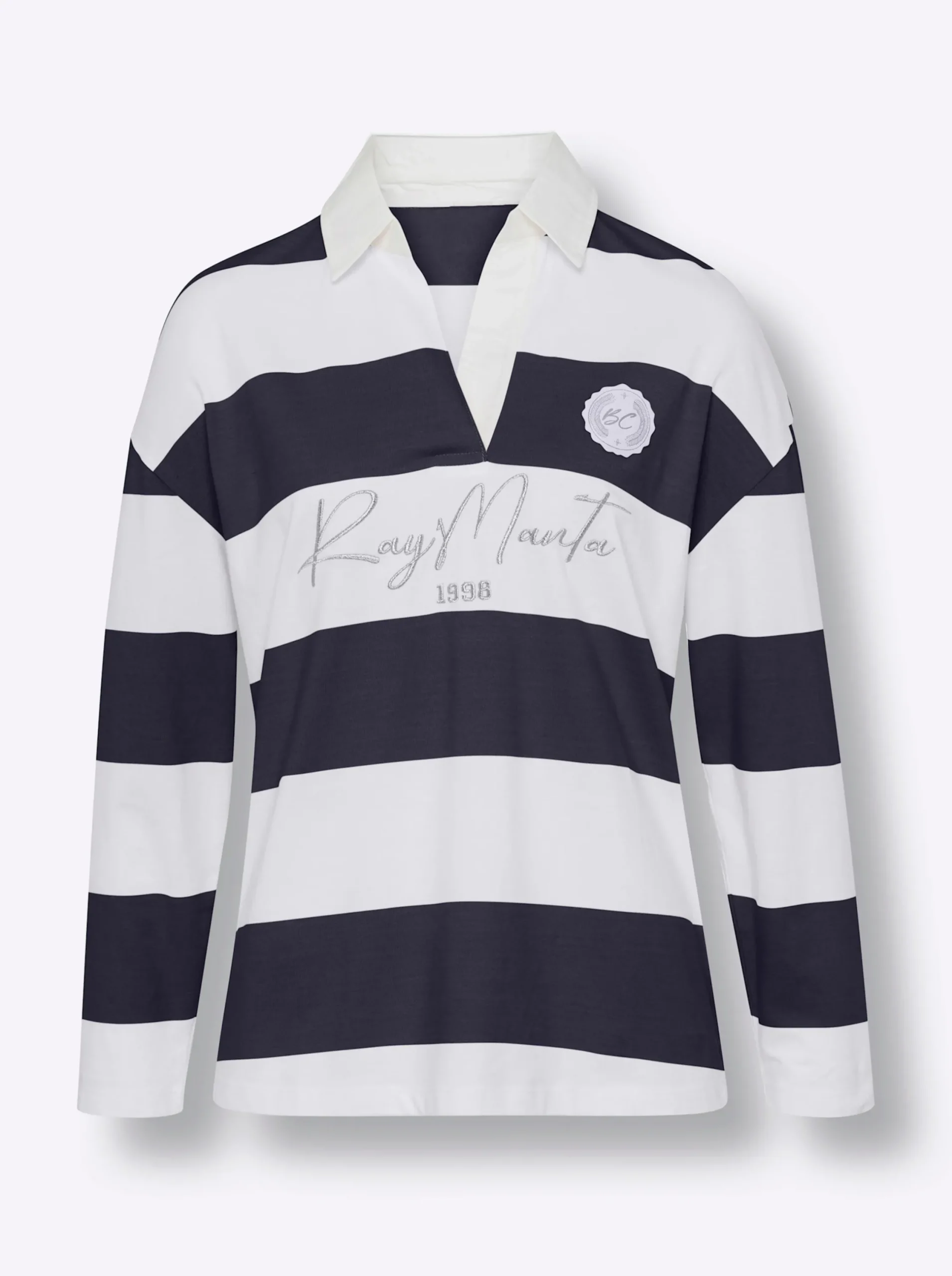 Shirts|heine Langarm-Poloshirt mit Streifen marine-ecru-bedruckt