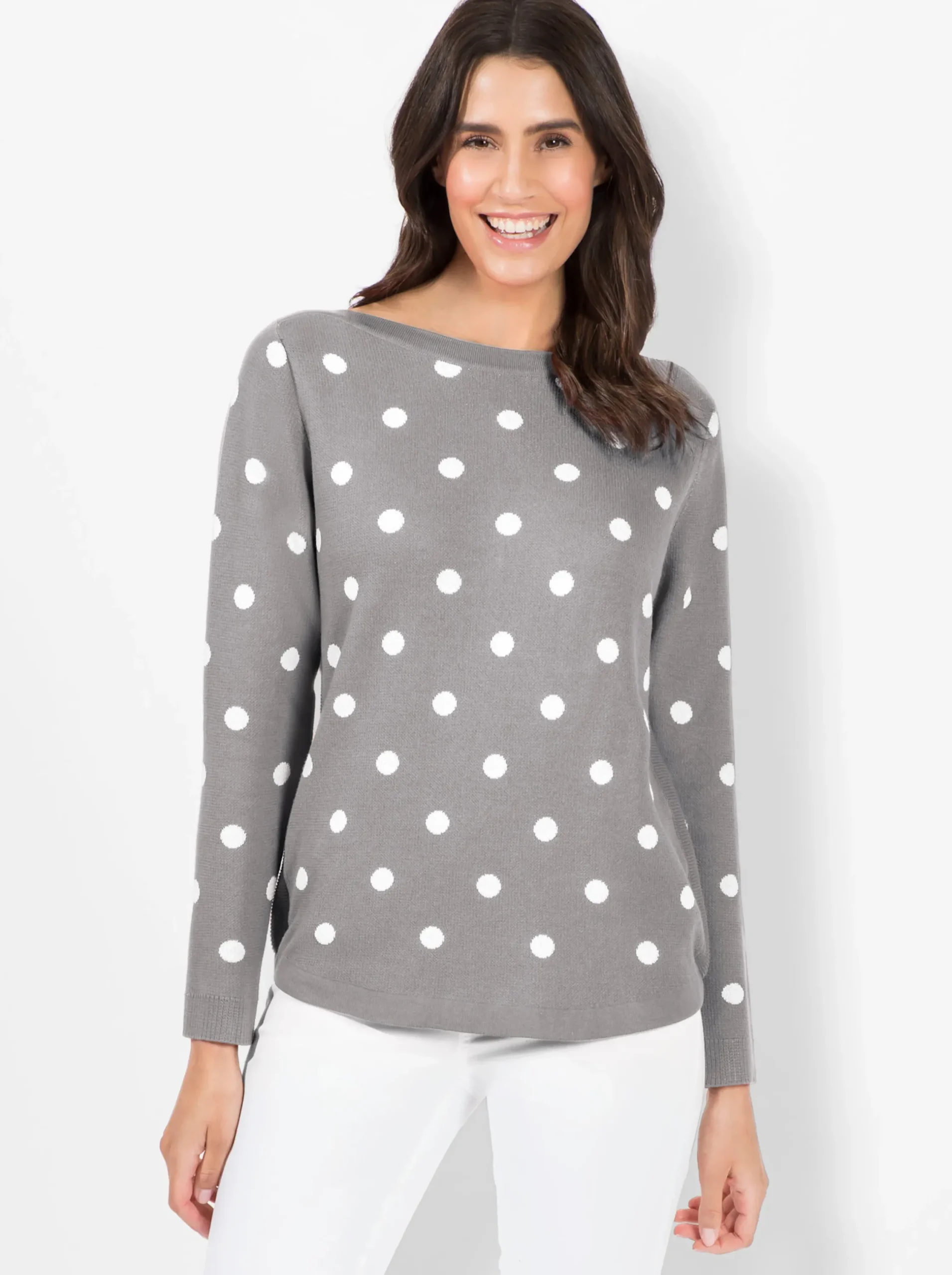 Pullover| Langarm-Pullover steingrau-ecru-gemustert