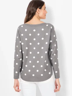 Pullover| Langarm-Pullover steingrau-ecru-gemustert