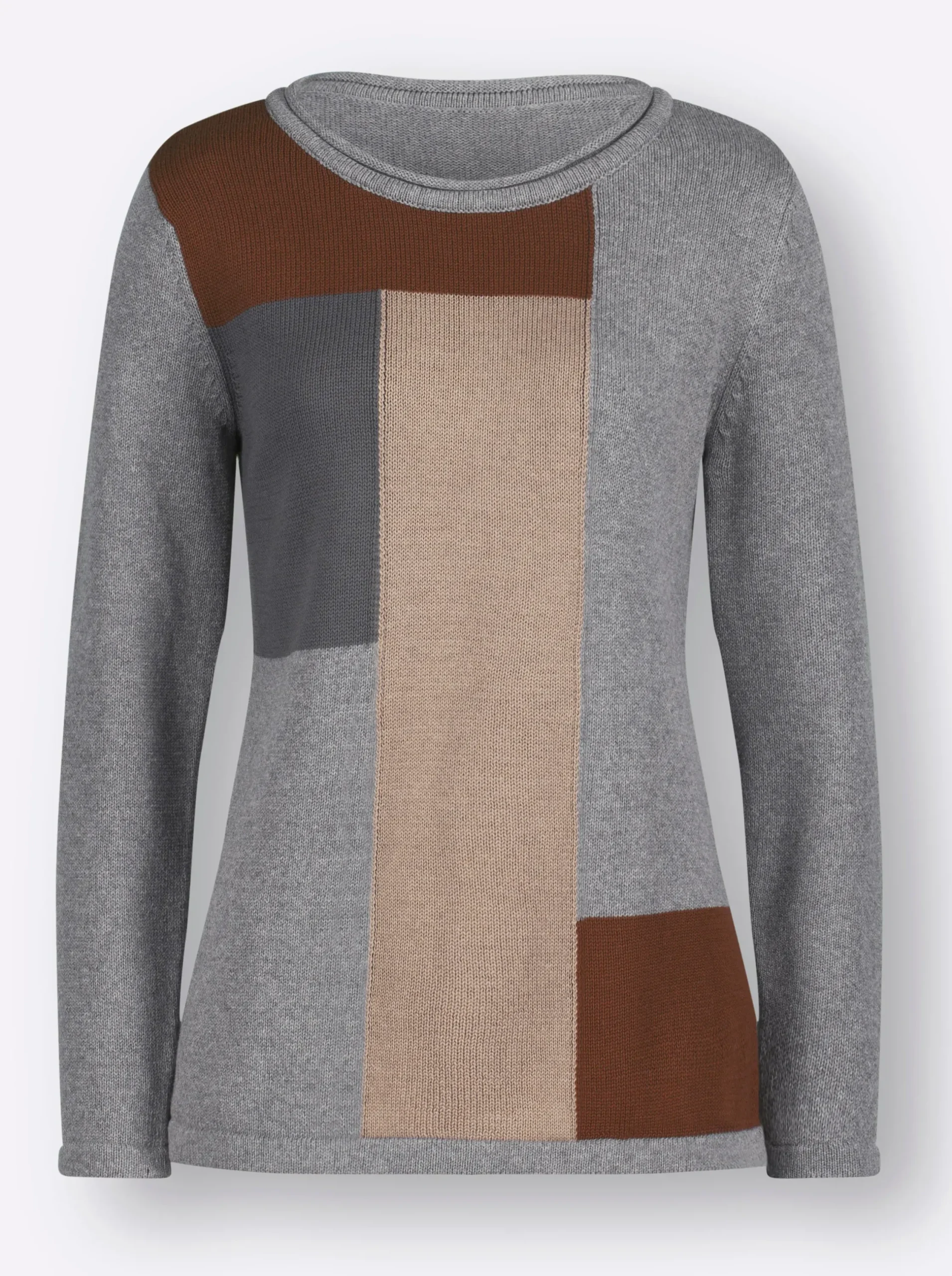 Pullover| Langarm-Pullover steingrau-gemustert