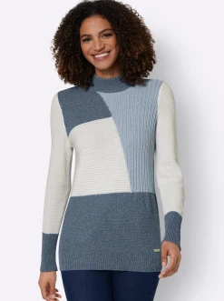 Pullover| Langarm-Pullover rauchblau-ecru-meliert